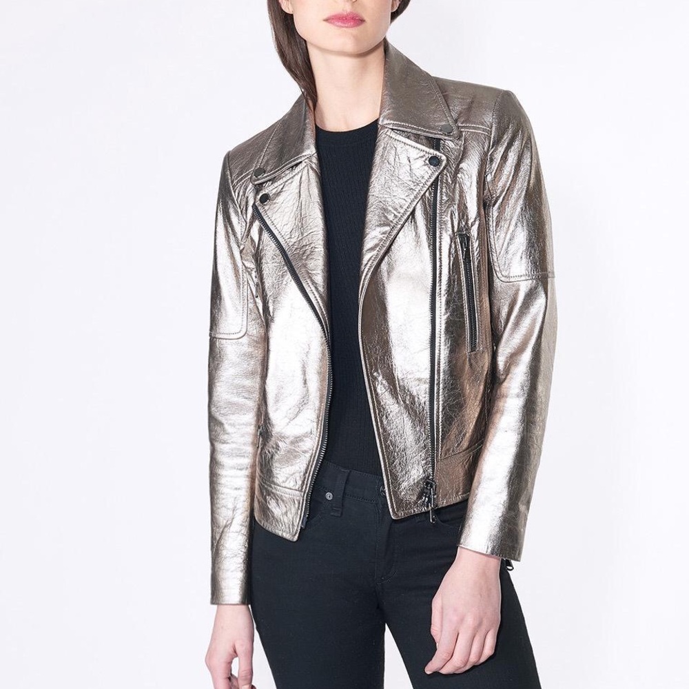 Veronica Beard Metallic Moto Leather Jacket